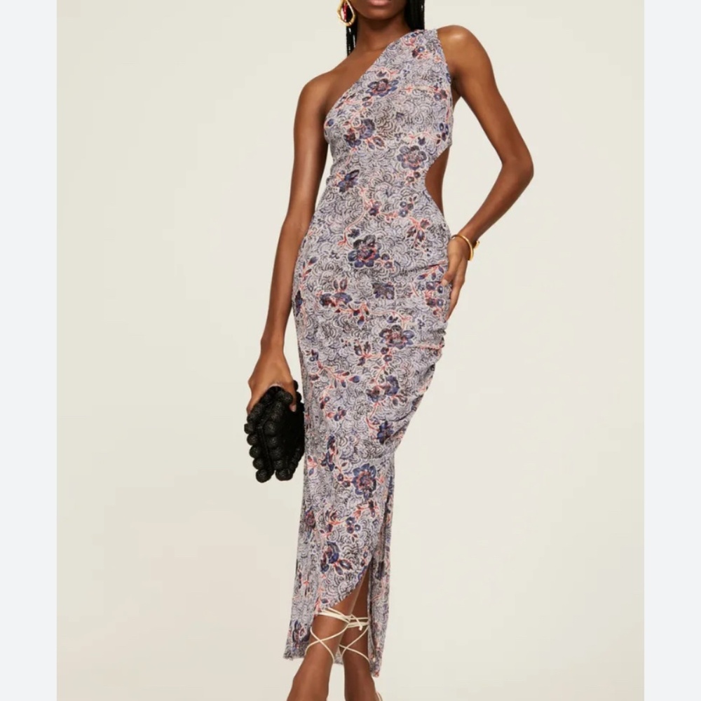 MISA Los Angeles Aries Maxi, Mesh, One Shoulder, Side Cut-Out Dress - X-Large